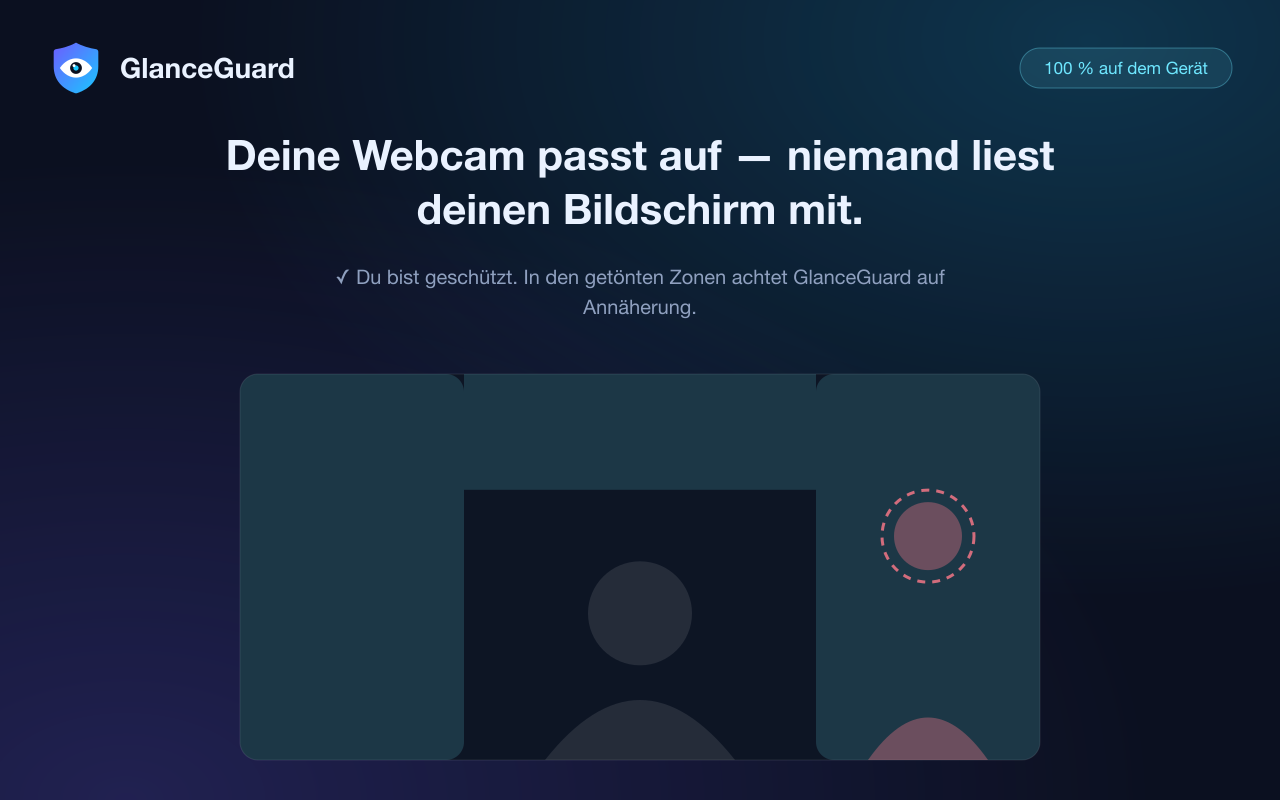 GlanceGuard-Erkennungszonen: Die Kamera beobachtet die Bildränder, wo eine sich nähernde Person erscheint — nie dich in der Mitte