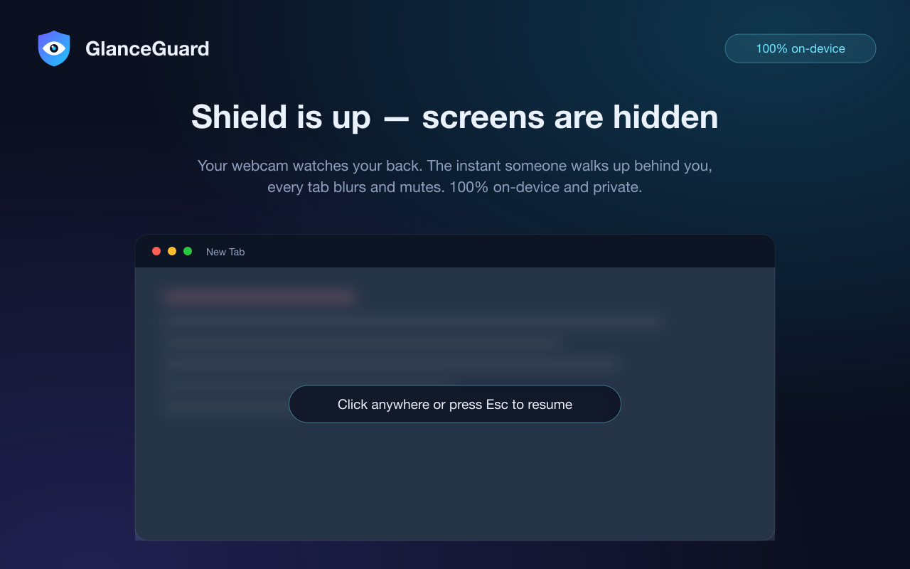 Every Chrome tab frosted over by GlanceGuard the instant someone approaches — click anywhere or press Esc to resume