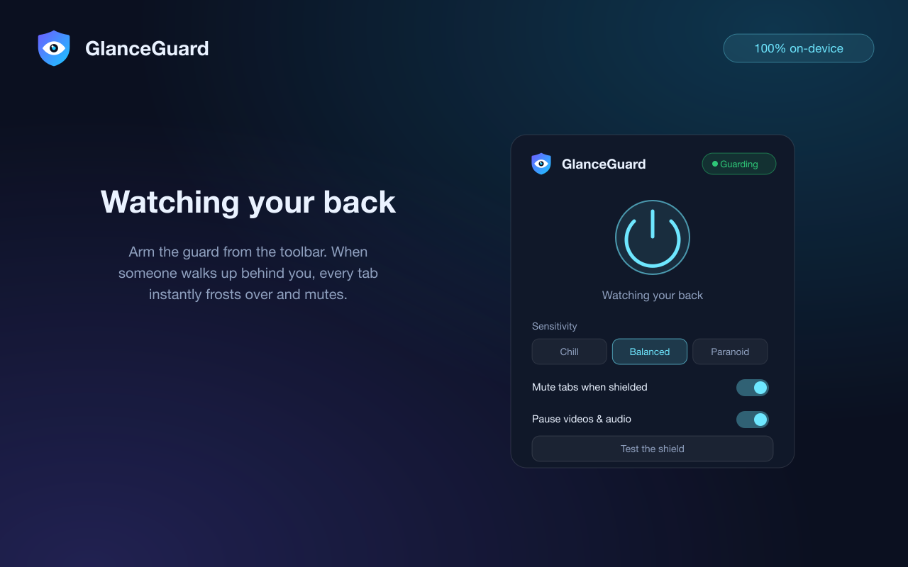 GlanceGuard popup with the guard armed: status, sensitivity dial and mute options