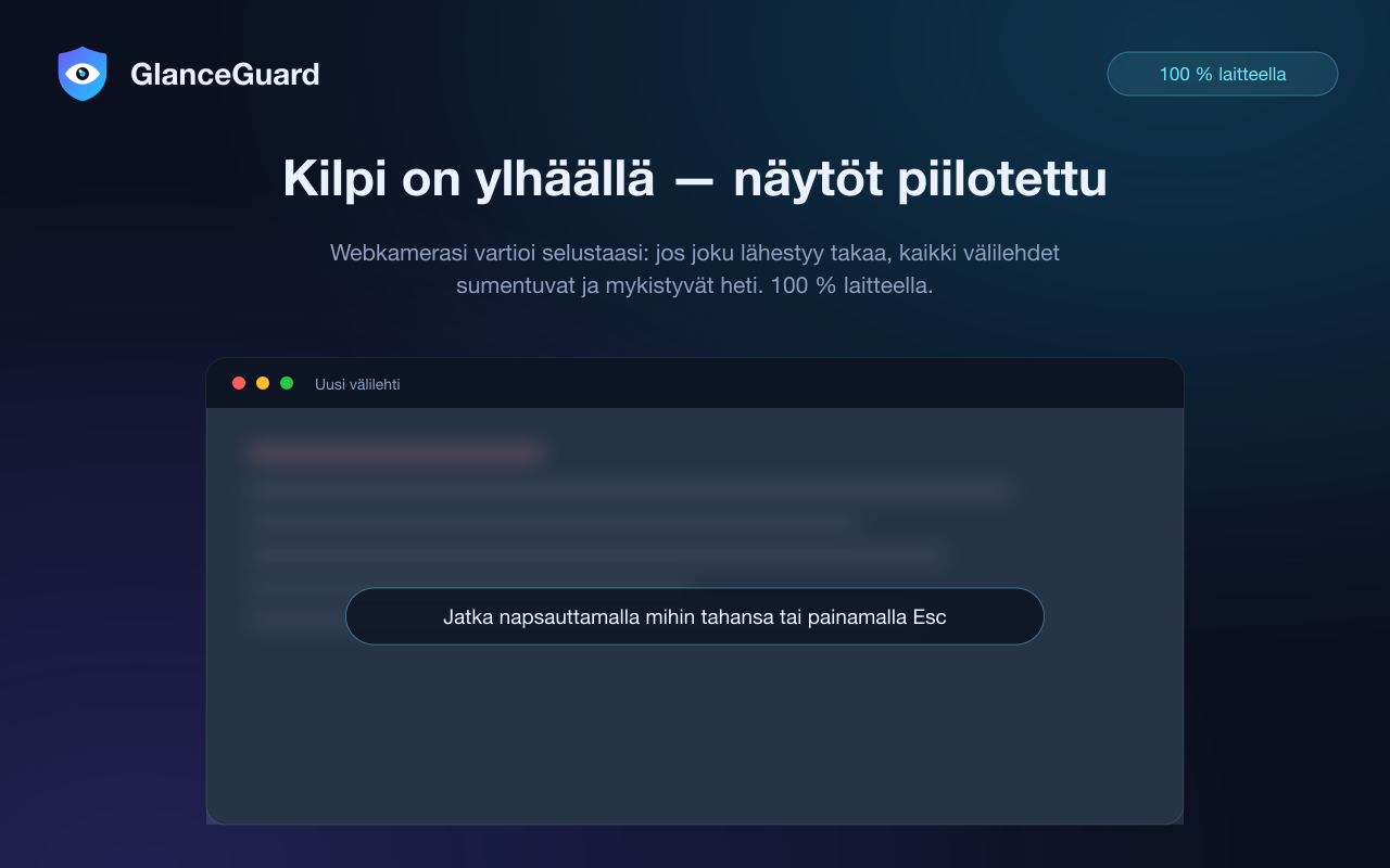 Kaikki Chrome-välilehdet GlanceGuardin huurtamina heti, kun joku lähestyy — jatka napsauttamalla mihin tahansa tai painamalla Esc