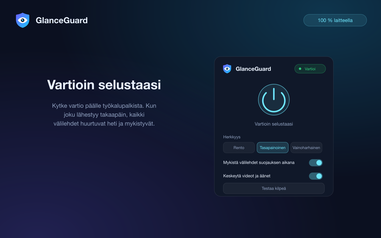 GlanceGuardin ponnahdusikkuna vartio päällä: tila, herkkyyssäädin ja mykistysvalinnat