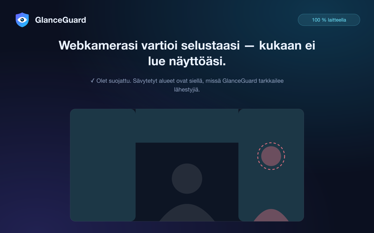 GlanceGuardin tunnistusalueet: kamera tarkkailee kuvan reunoja, joihin lähestyvä henkilö ilmestyy — ei koskaan sinua keskellä