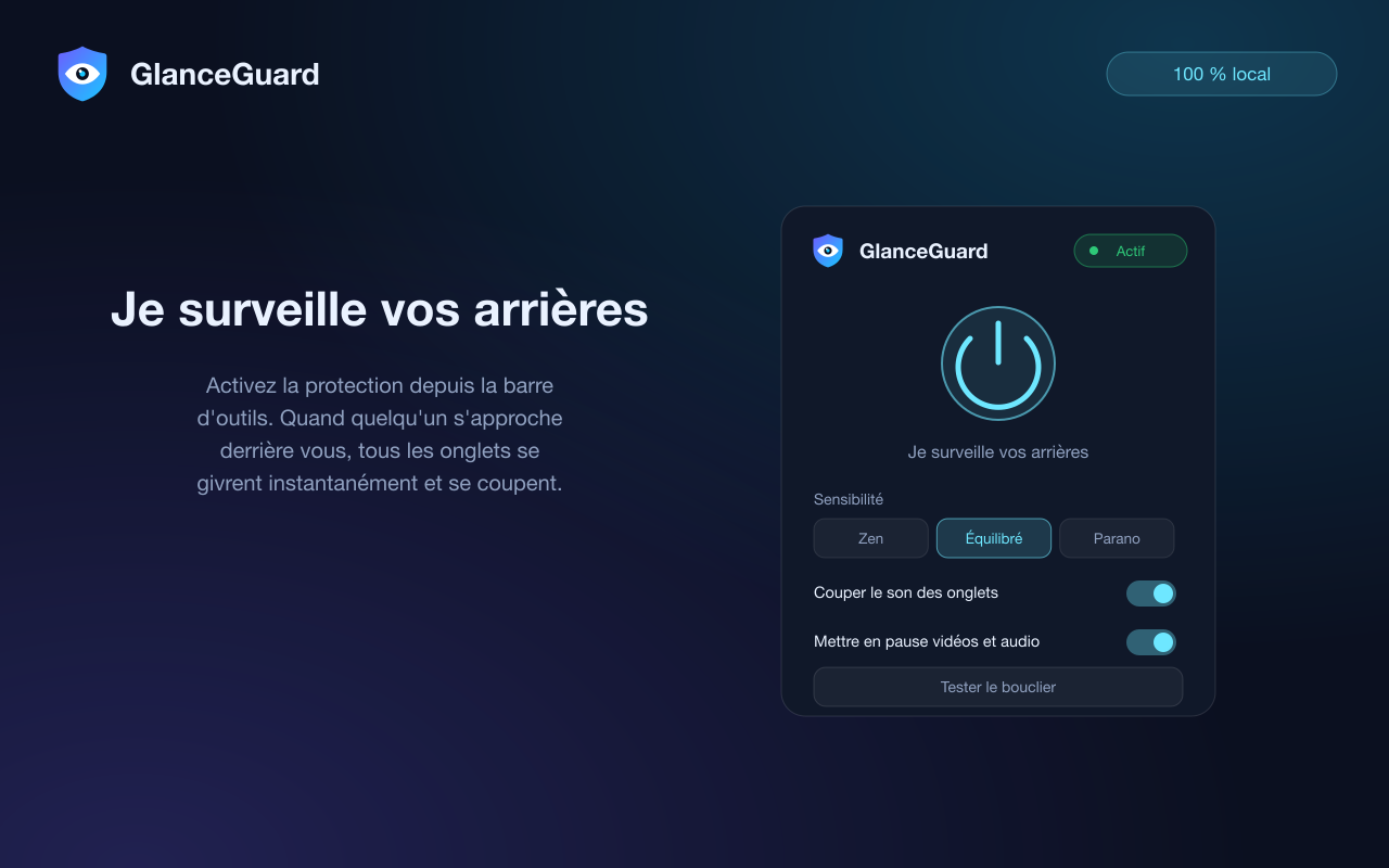 Popup GlanceGuard avec la protection activée : statut, molette de sensibilité et options de coupure du son