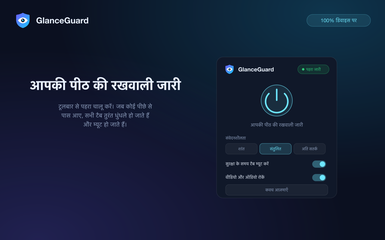 पहरा चालू होने पर GlanceGuard पॉपअप: स्थिति, संवेदनशीलता डायल और म्यूट विकल्प