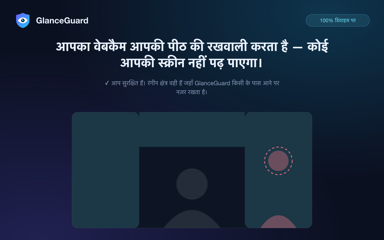 GlanceGuard के डिटेक्शन क्षेत्र: कैमरा फ्रेम के किनारों पर नज़र रखता है जहाँ पास आता व्यक्ति दिखता है, बीच में बैठे आप पर कभी नहीं