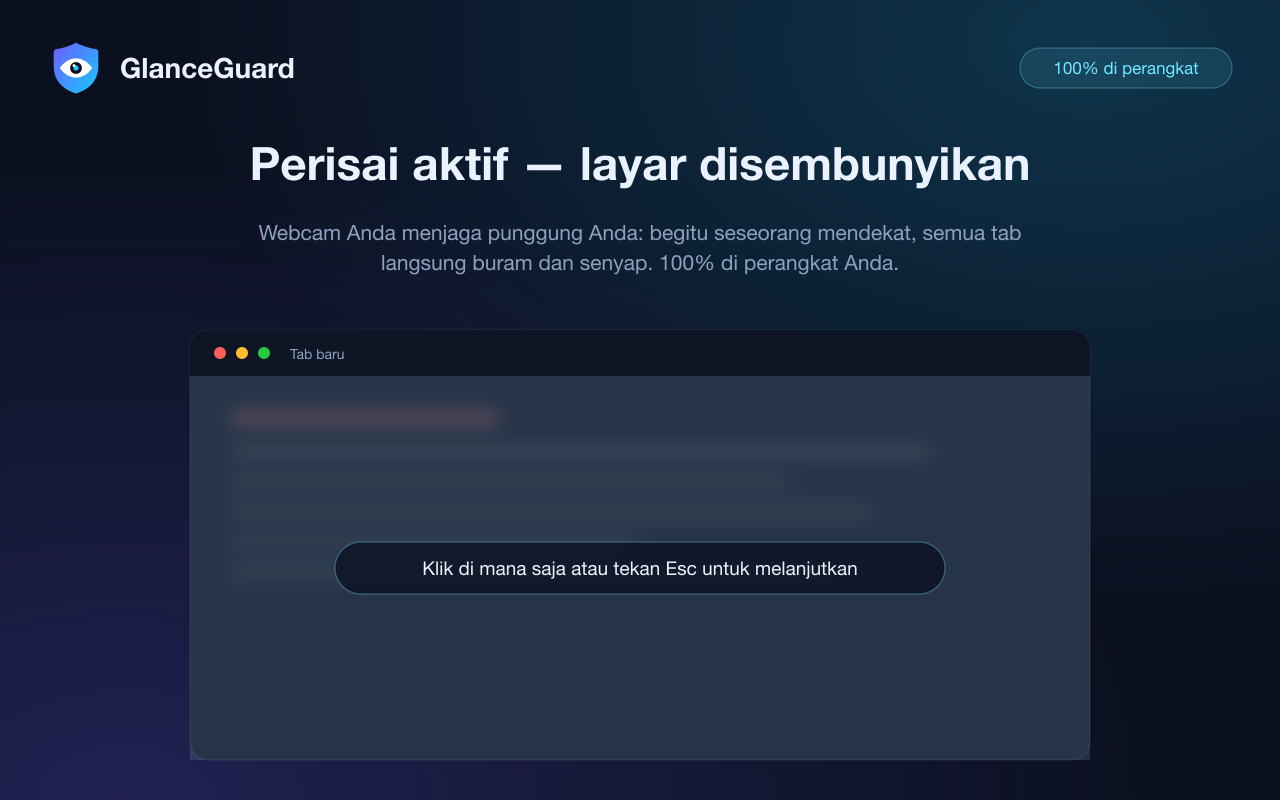 Semua tab Chrome diburamkan GlanceGuard begitu seseorang mendekat — klik di mana saja atau tekan Esc untuk melanjutkan