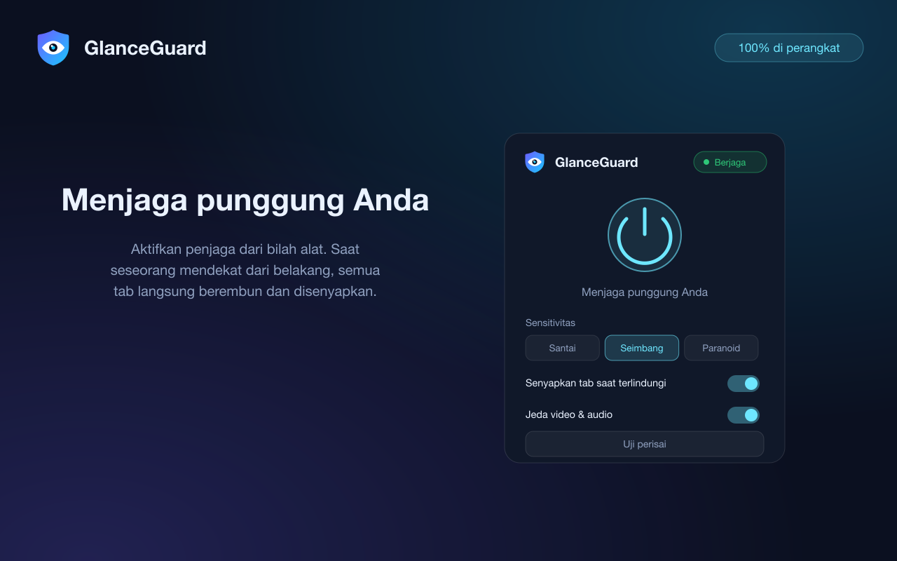 Popup GlanceGuard dengan penjaga aktif: status, kenop sensitivitas, dan opsi senyap