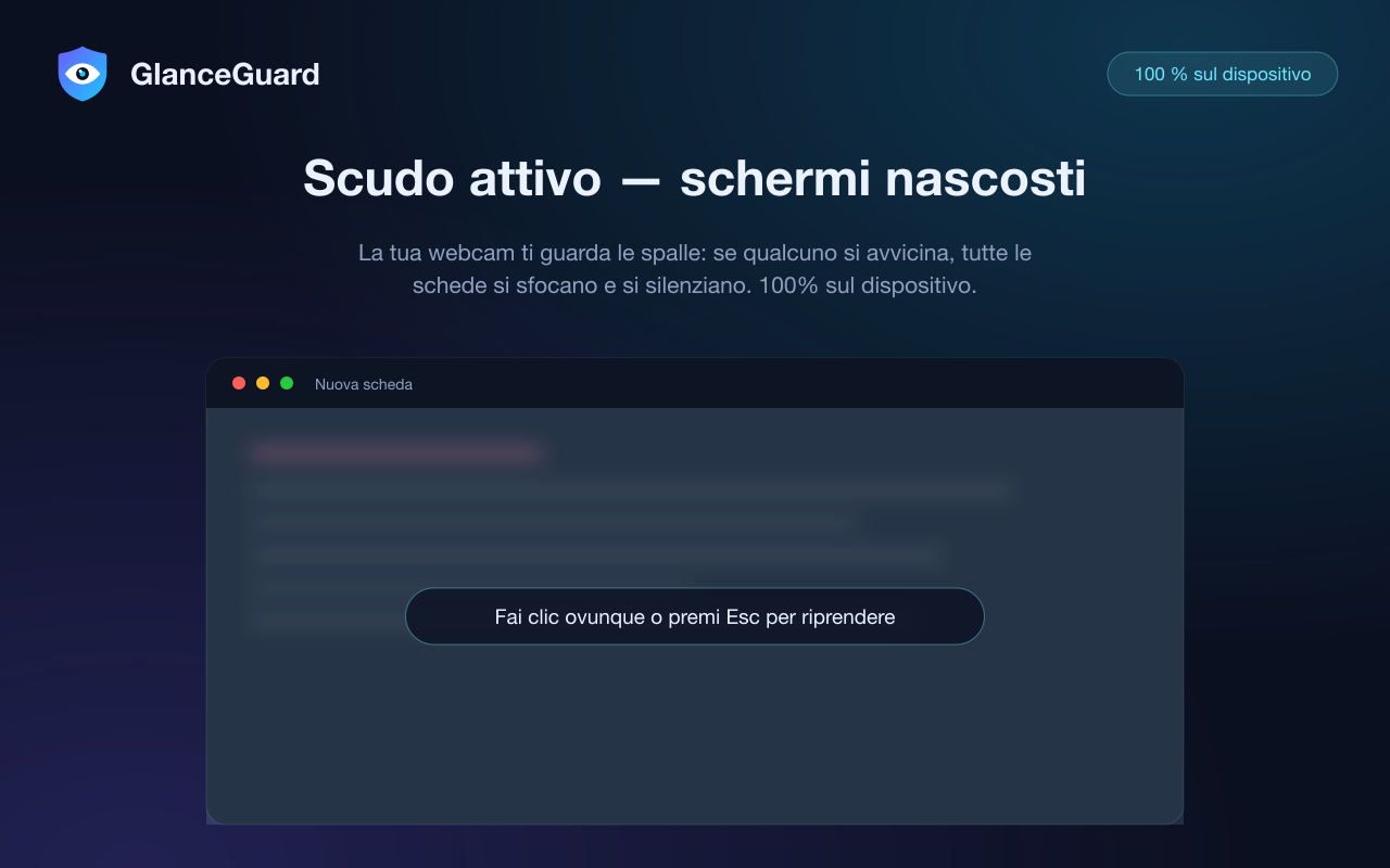 Tutte le schede di Chrome smerigliate da GlanceGuard appena qualcuno si avvicina — fai clic ovunque o premi Esc per riprendere