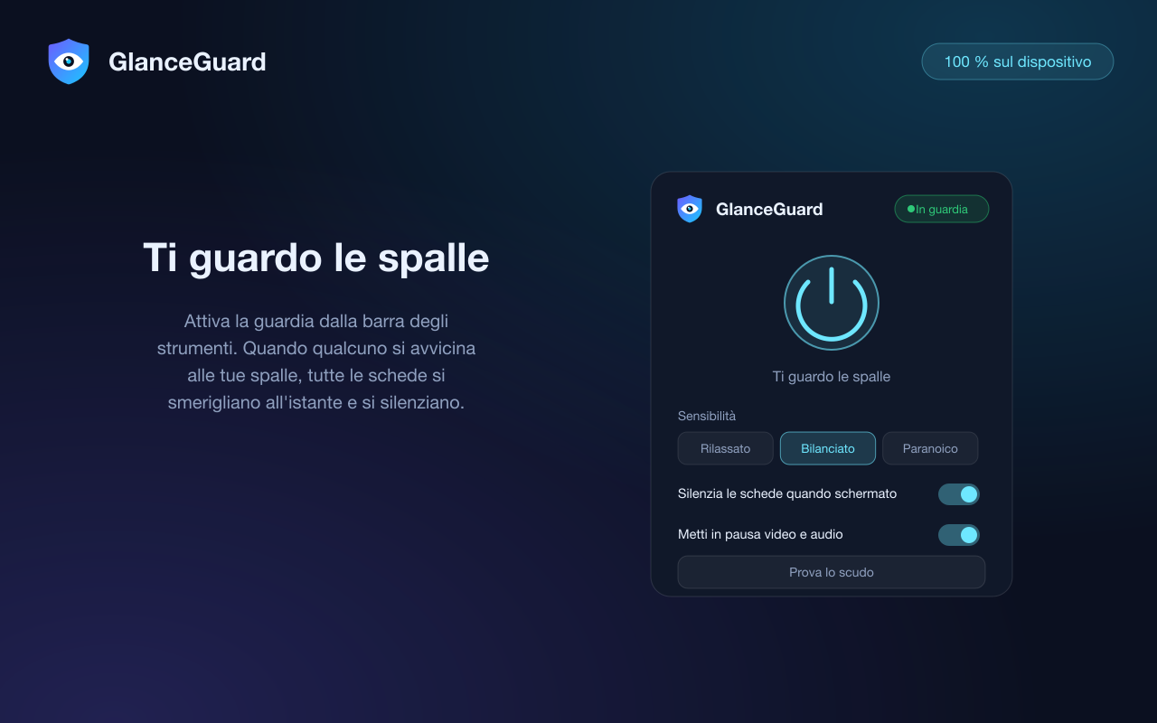 Popup di GlanceGuard con la guardia attiva: stato, selettore di sensibilità e opzioni di silenziamento