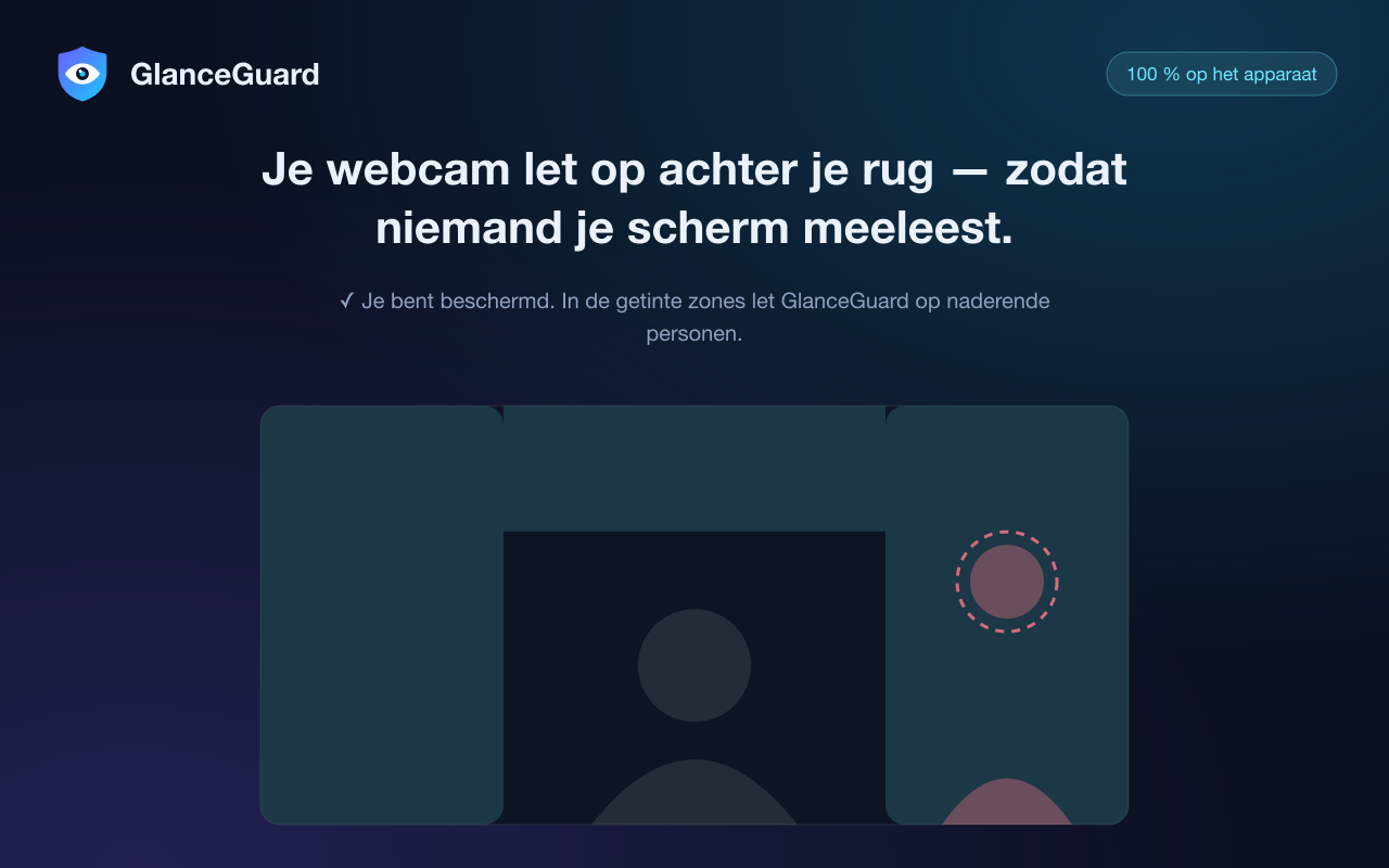 GlanceGuard-detectiezones: de camera let op de randen van het beeld, waar een naderend persoon verschijnt — nooit op jou in het midden