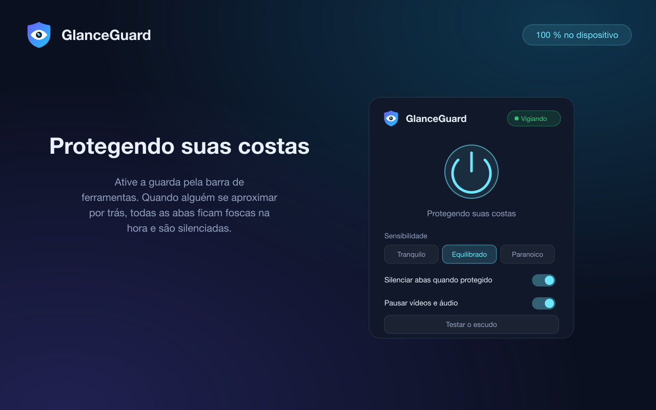 Popup do GlanceGuard com a guarda ativa: status, seletor de sensibilidade e opções de silenciamento