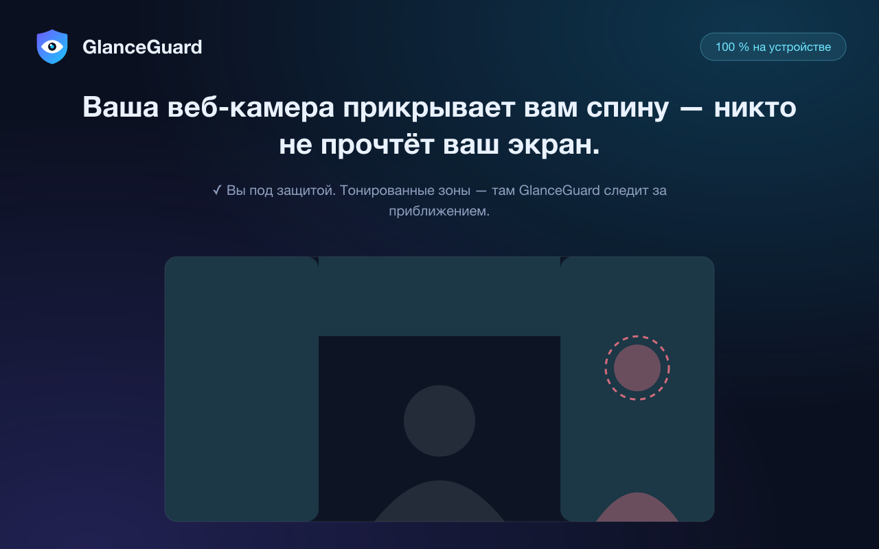 Зоны обнаружения GlanceGuard: камера следит за краями кадра, где появляется приближающийся человек, но никогда за вами в центре