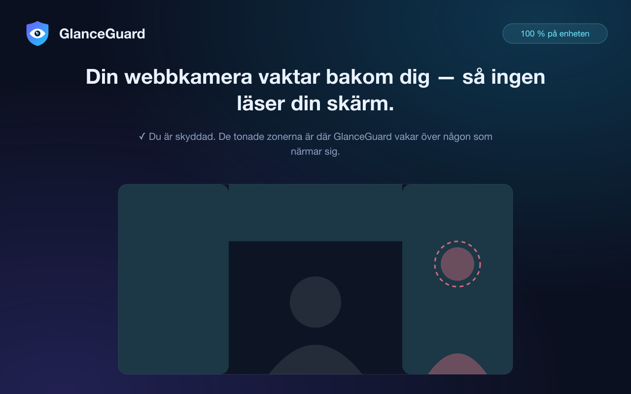 GlanceGuards detekteringszoner: kameran vaktar bildens kanter, där en person som närmar sig dyker upp — aldrig dig i mitten