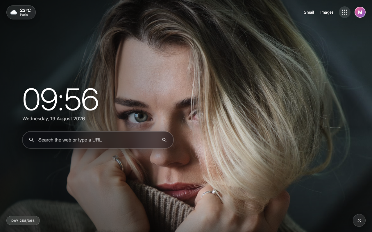 Chrome new tab replaced by a full-screen daily portrait wallpaper with Google search bar, clock and weather — Hello, Madame – Wallpapers extension