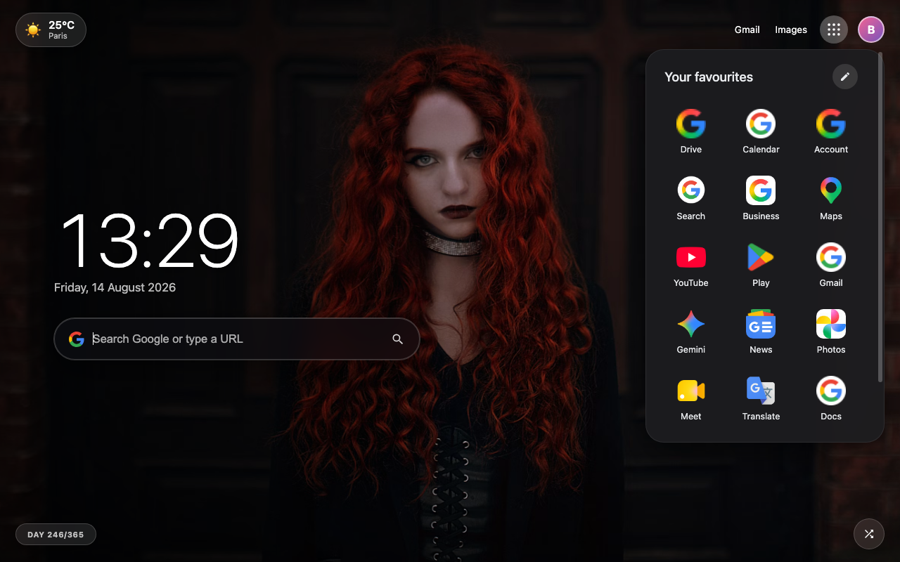 New tab wallpaper with the Google apps launcher open — Gmail, Drive, Calendar and Maps shortcuts over a portrait wallpaper