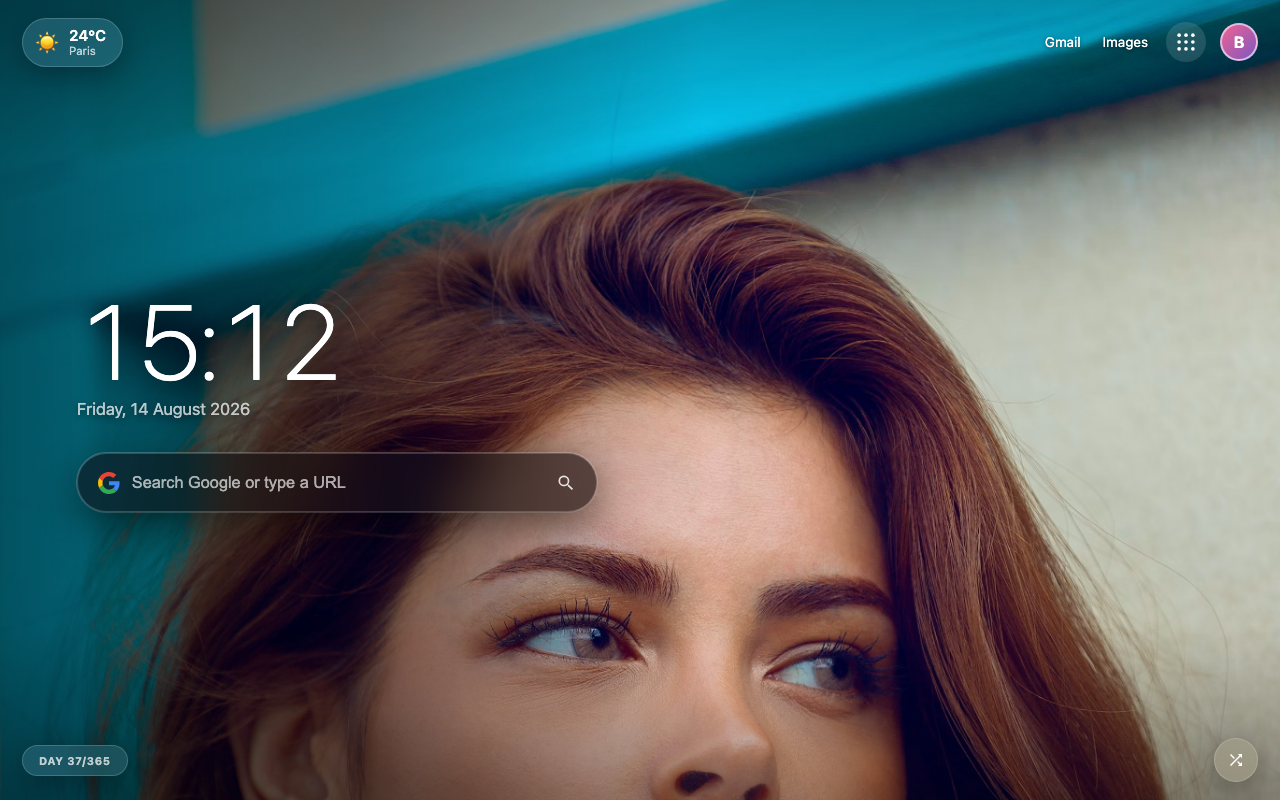 A bright new portrait wallpaper on the Chrome new tab after using the shuffle button